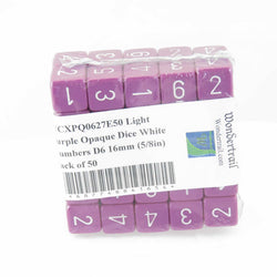 WCXPQ0627E50 Light Purple Opaque Dice White Numbers D6 16mm (5/8in) Pack of 50 (ONLINE ORDER ONLY)