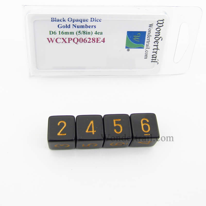 WCXPQ0628E4 Black Opaque Dice Gold Numbers D6 16mm Pack of 4 (ONLINE ORDER ONLY)