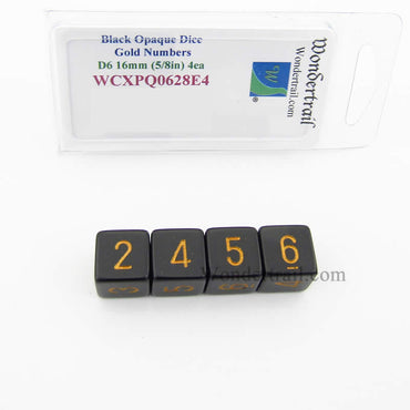 WCXPQ0628E4 Black Opaque Dice Gold Numbers D6 16mm Pack of 4 (ONLINE ORDER ONLY)
