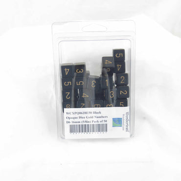 WCXPQ0628E50 Black Opaque Dice Gold Numbers D6 16mm (5/8in) Pack of 50 (ONLINE ORDER ONLY)