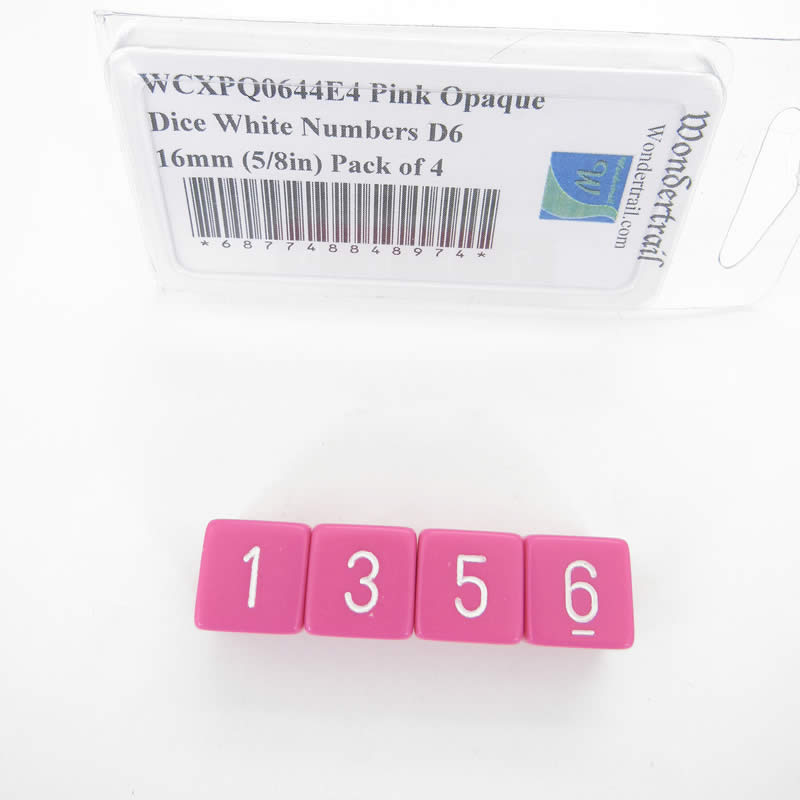 WCXPQ0644E4 Pink Opaque Dice White Numbers D6 16mm (5/8in) Pack of 4 (ONLINE ORDER ONLY)