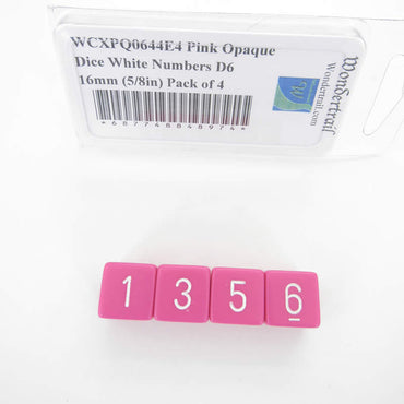 WCXPQ0644E4 Pink Opaque Dice White Numbers D6 16mm (5/8in) Pack of 4 (ONLINE ORDER ONLY)