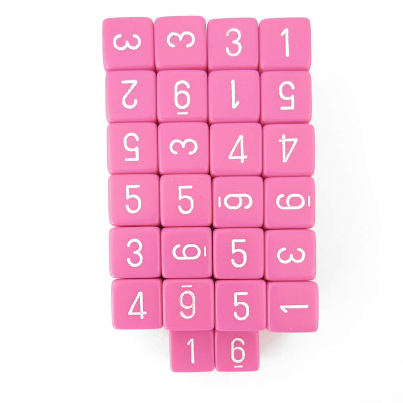WCXPQ0644E50 Pink Opaque Dice White Numbers D6 16mm Pack of 50 (ONLINE ORDER ONLY)