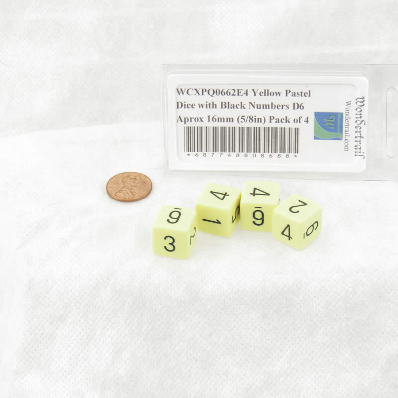 WCXPQ0662E4 Yellow Pastel Dice with Black Numbers D6 Aprox 16mm (5/8in) Pack of 4 (ONLINE ORDER ONLY)