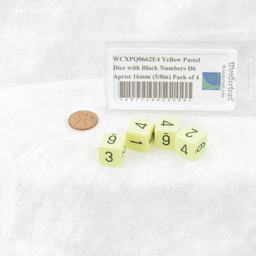 WCXPQ0662E4 Yellow Pastel Dice with Black Numbers D6 Aprox 16mm (5/8in) Pack of 4 (ONLINE ORDER ONLY)