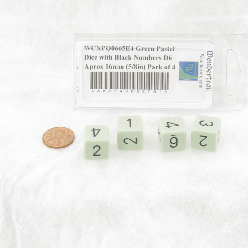 WCXPQ0665E4 Green Pastel Dice with Black Numbers D6 Aprox 16mm (5/8in) Pack of 4 (ONLINE ORDER ONLY)