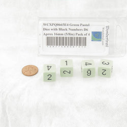 WCXPQ0665E4 Green Pastel Dice with Black Numbers D6 Aprox 16mm (5/8in) Pack of 4 (ONLINE ORDER ONLY)