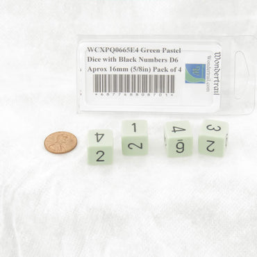 WCXPQ0665E4 Green Pastel Dice with Black Numbers D6 Aprox 16mm (5/8in) Pack of 4 (ONLINE ORDER ONLY)