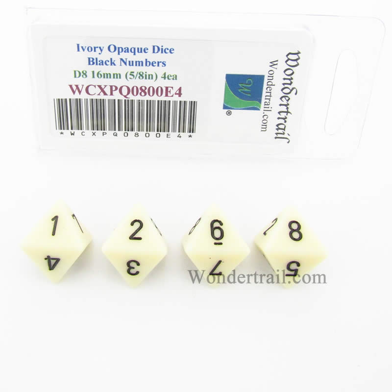WCXPQ0800E4 Ivory Opaque Dice Black Numbers D8 16mm Pack of 4 (ONLINE ORDER ONLY)
