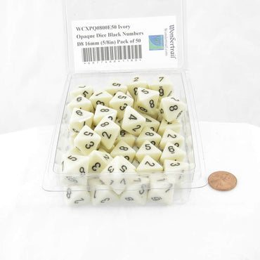 WCXPQ0800E50 Ivory Opaque Dice Black Numbers D8 16mm (5/8in) Pack of 50 (ONLINE ORDER ONLY)