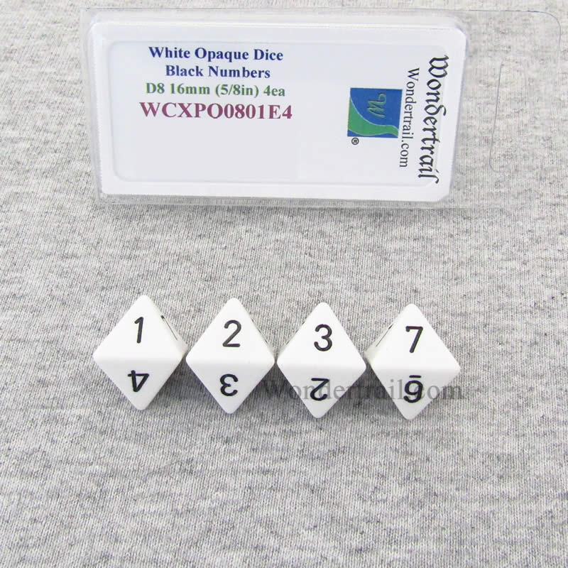WCXPQ0801E4 White Opaque Dice Black Numbers D8 16mm Pack of 4 (ONLINE ORDER ONLY)