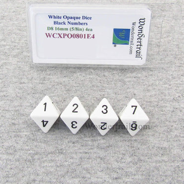 WCXPQ0801E4 White Opaque Dice Black Numbers D8 16mm Pack of 4 (ONLINE ORDER ONLY)