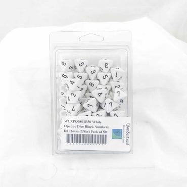 WCXPQ0801E50 White Opaque Dice Black Numbers D8 16mm (5/8in) Pack of 50 (ONLINE ORDER ONLY)