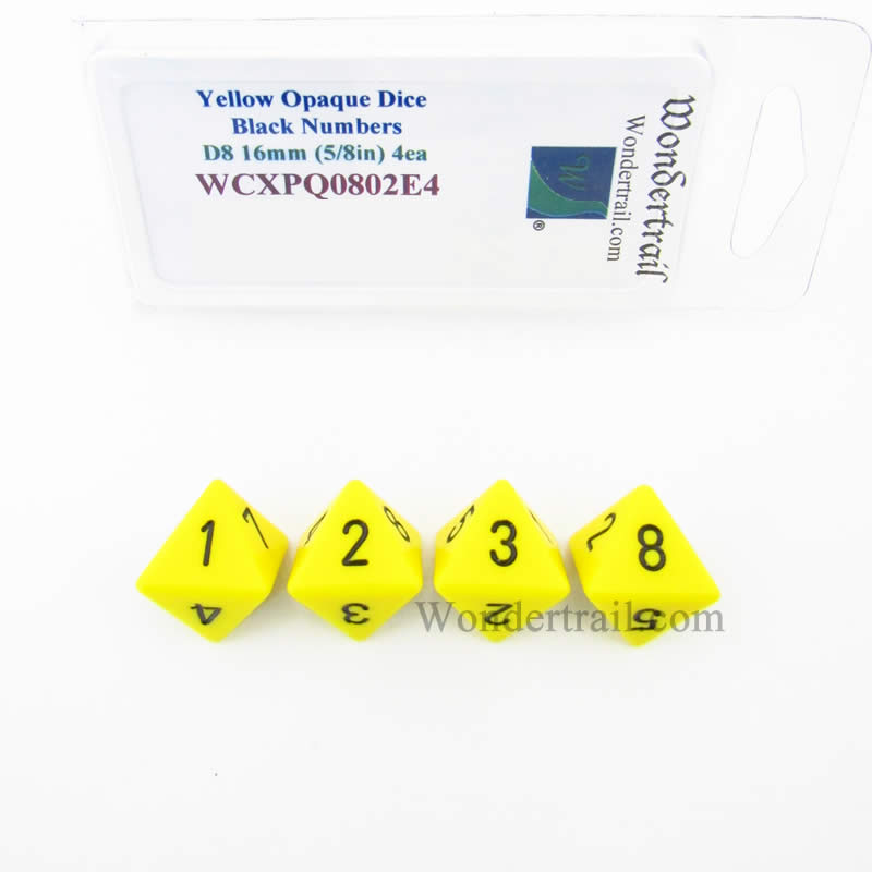 WCXPQ0802E4 Yellow Opaque Dice Black Numbers D8 16mm Pack of 4 (ONLINE ORDER ONLY)