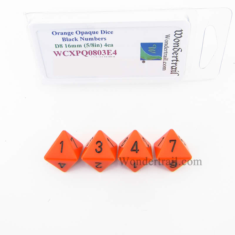 WCXPQ0803E4 Orange Opaque Dice Black Numbers D8 16mm Pack of 4 (ONLINE ORDER ONLY)