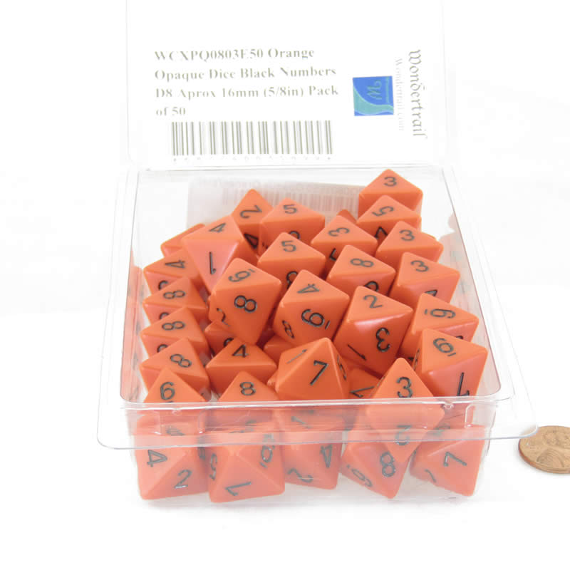 WCXPQ0803E50 Orange Opaque Dice Black Numbers D8 Aprox 16mm (5/8in) Pack of 50 (ONLINE ORDER ONLY)