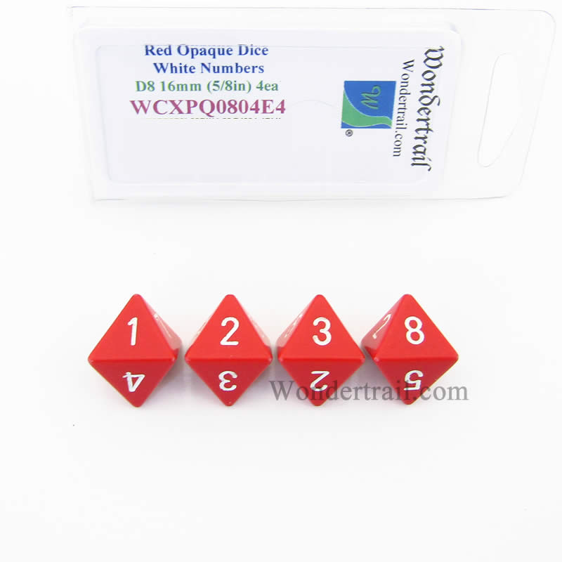 WCXPQ0804E4 Red Opaque Dice White Numbers D8 16mm Pack of 4 (ONLINE ORDER ONLY)