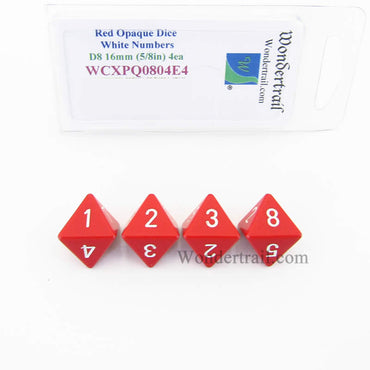 WCXPQ0804E4 Red Opaque Dice White Numbers D8 16mm Pack of 4 (ONLINE ORDER ONLY)