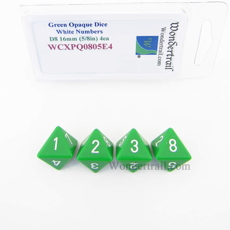 WCXPQ0805E4 Green Opaque Dice White Numbers D8 16mm Pack of 4 (ONLINE ORDER ONLY)