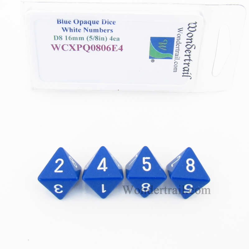 WCXPQ0806E4 Blue Opaque Dice White Numbers D8 16mm Pack of 4 (ONLINE ORDER ONLY)