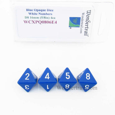 WCXPQ0806E4 Blue Opaque Dice White Numbers D8 16mm Pack of 4 (ONLINE ORDER ONLY)