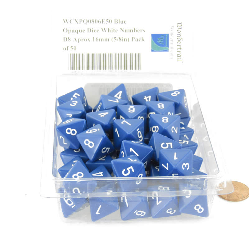 WCXPQ0806E50 Blue Opaque Dice White Numbers D8 Aprox 16mm (5/8in) Pack of 50 (ONLINE ORDER ONLY)