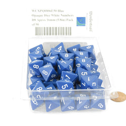 WCXPQ0806E50 Blue Opaque Dice White Numbers D8 Aprox 16mm (5/8in) Pack of 50 (ONLINE ORDER ONLY)