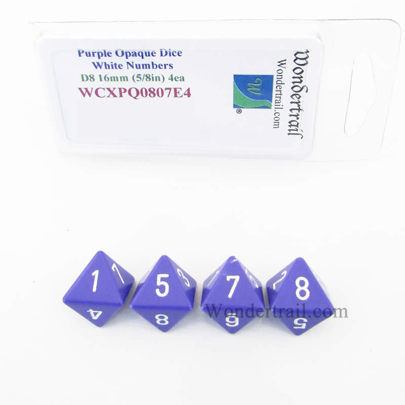 WCXPQ0807E4 Purple Opaque Dice White Numbers D8 16mm Pack of 4 (ONLINE ORDER ONLY)