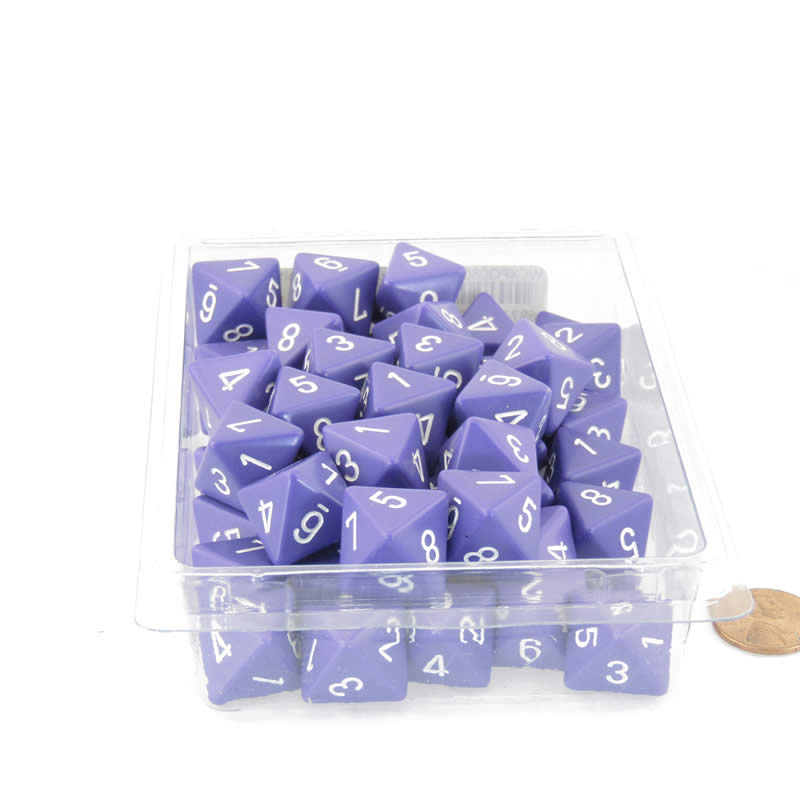 WCXPQ0807E50 Purple Opaque Dice White Numbers D8 Aprox 16mm (5/8in) Pack of 50 (ONLINE ORDER ONLY)