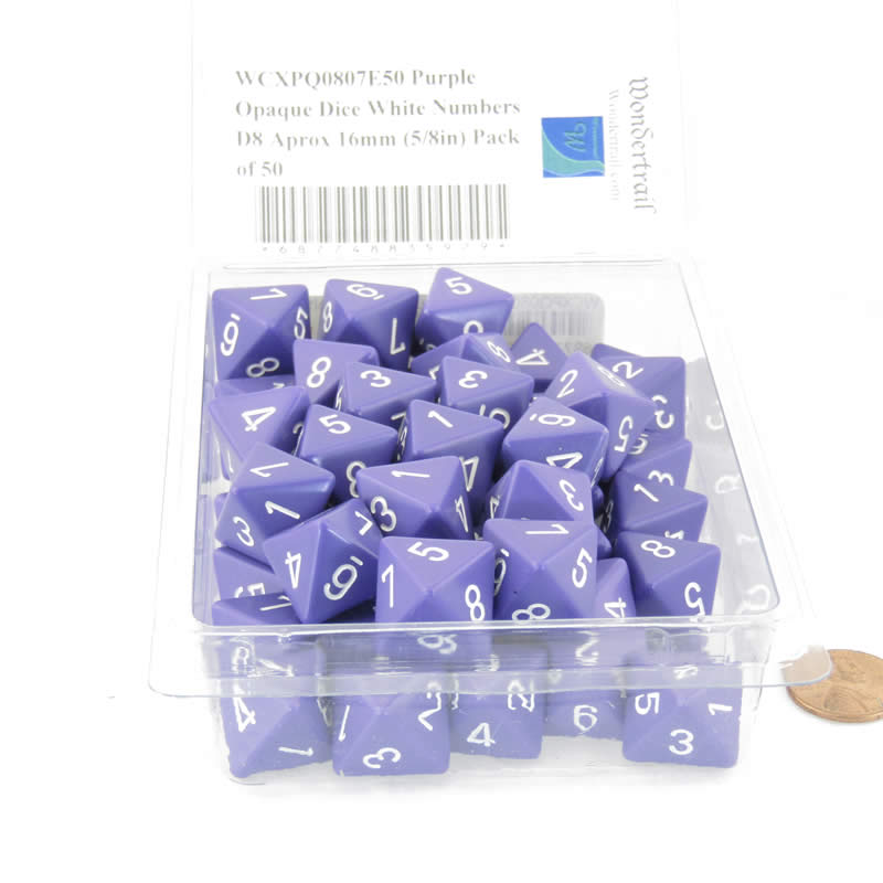 WCXPQ0807E50 Purple Opaque Dice White Numbers D8 Aprox 16mm (5/8in) Pack of 50 (ONLINE ORDER ONLY)