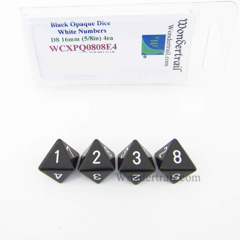 WCXPQ0808E4 Black Opaque Dice White Numbers D8 16mm Pack of 4 (ONLINE ORDER ONLY)