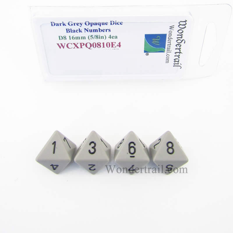 WCXPQ0810E4 Dark Grey Opaque Dice Black Numbers D8 16mm Pack of 4 (ONLINE ORDER ONLY)
