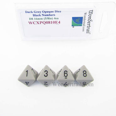 WCXPQ0810E4 Dark Grey Opaque Dice Black Numbers D8 16mm Pack of 4 (ONLINE ORDER ONLY)