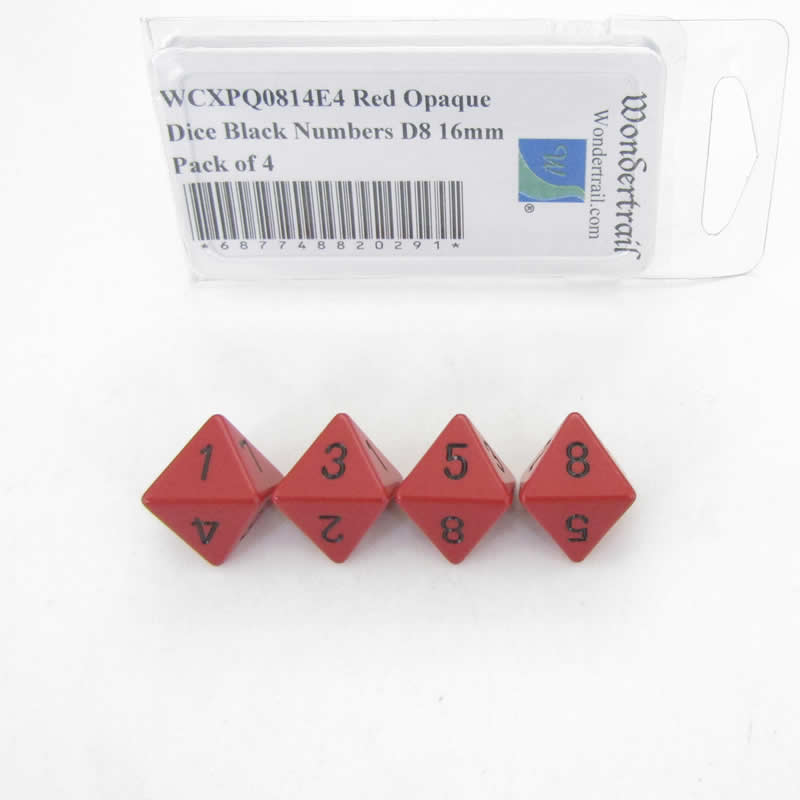 WCXPQ0814E4 Red Opaque Dice Black Numbers D8 16mm Pack of 4 (ONLINE ORDER ONLY)