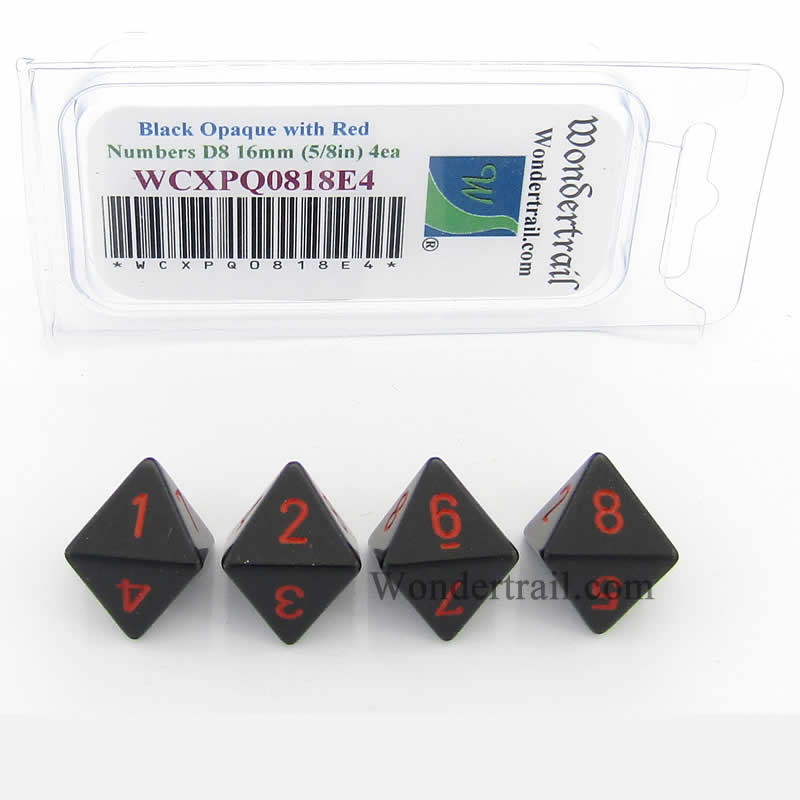 WCXPQ0818E4 Black Opaque Dice Red Numbers D8 16mm Pack of 4 (ONLINE ORDER ONLY)