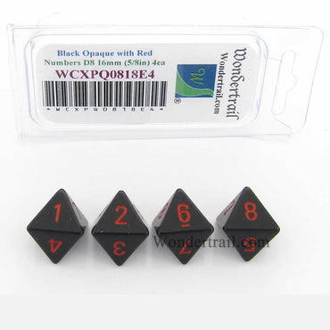 WCXPQ0818E4 Black Opaque Dice Red Numbers D8 16mm Pack of 4 (ONLINE ORDER ONLY)