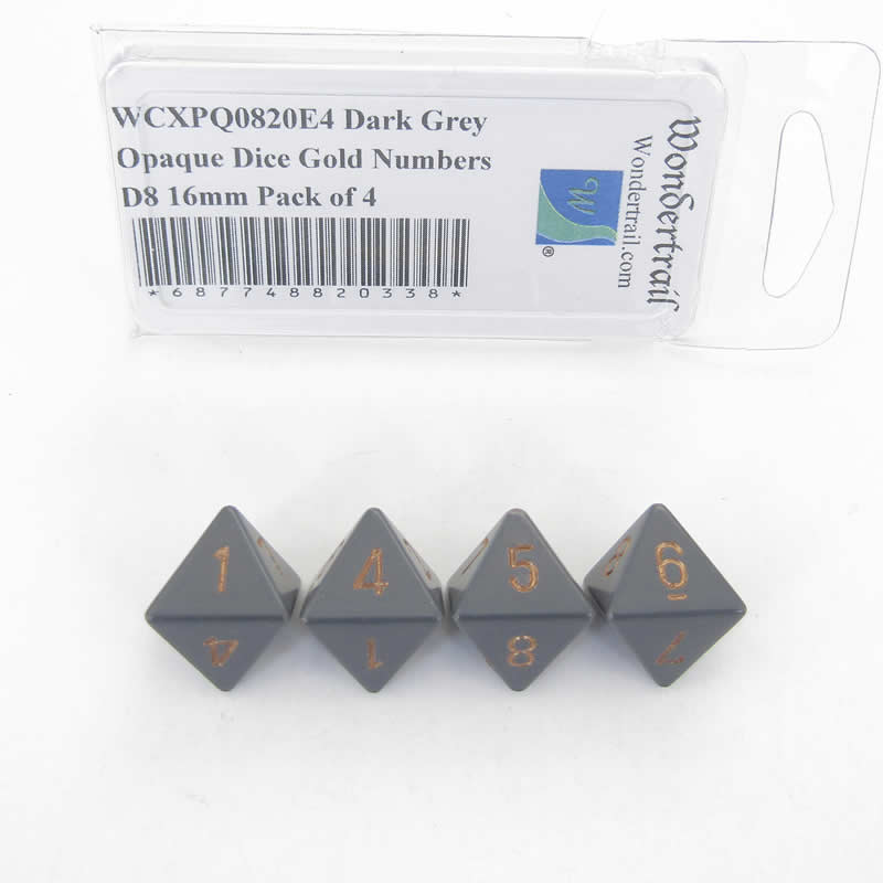 WCXPQ0820E4 Dark Grey Opaque Dice Gold Numbers D8 16mm Pack of 4 (ONLINE ORDER ONLY)
