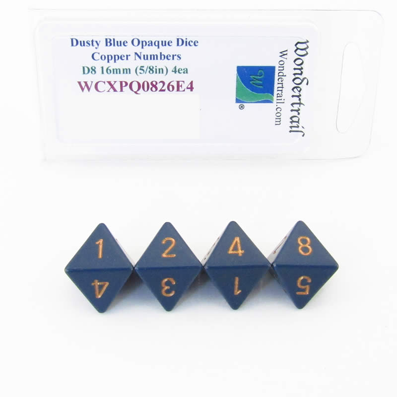 WCXPQ0826E4 Dusty Blue Opaque Dice Copper Numbers D8 16mm Pack of 4 (ONLINE ORDER ONLY)