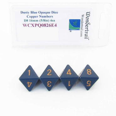 WCXPQ0826E4 Dusty Blue Opaque Dice Copper Numbers D8 16mm Pack of 4 (ONLINE ORDER ONLY)