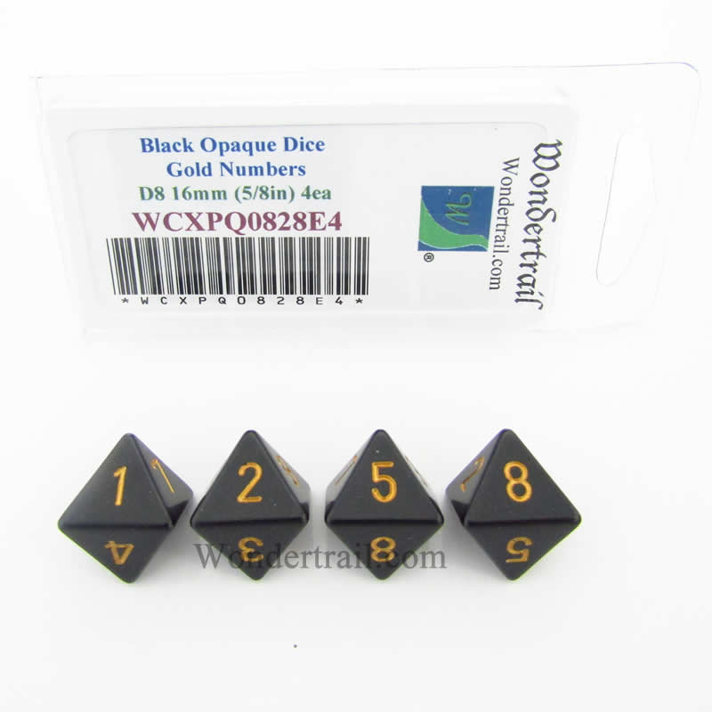 WCXPQ0828E4 Black Opaque Dice Gold Numbers D8 16mm Pack of 4 (ONLINE ORDER ONLY)