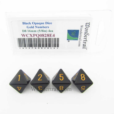 WCXPQ0828E4 Black Opaque Dice Gold Numbers D8 16mm Pack of 4 (ONLINE ORDER ONLY)