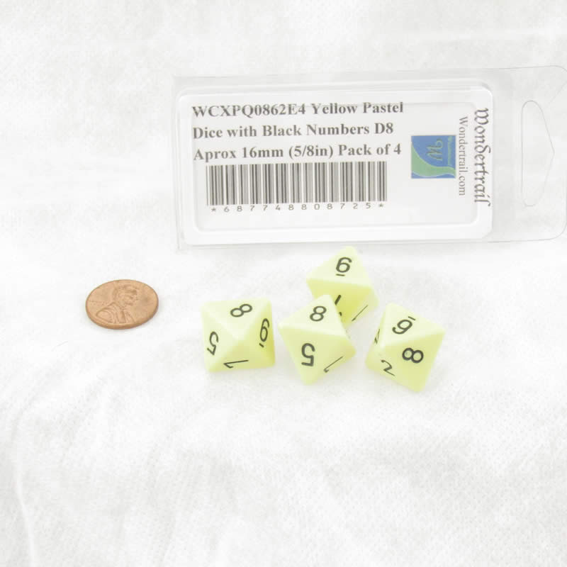 WCXPQ0862E4 Yellow Pastel Dice with Black Numbers D8 Aprox 16mm (5/8in) Pack of 4 (ONLINE ORDER ONLY)