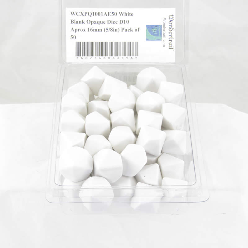 WCXPQ1001AE50 White Blank Opaque Dice D10 Aprox 16mm (5/8in) Pack of 50 (ONLINE ORDER ONLY)