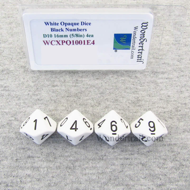 WCXPQ1001E4 White Opaque Dice Black Numbers D10 16mm Pack of 4 (ONLINE ORDER ONLY)