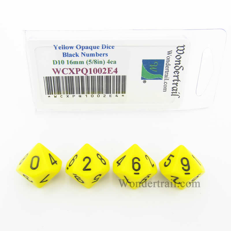 WCXPQ1002E4 Yellow Opaque Dice Black Numbers D10 16mm Pack of 4 (ONLINE ORDER ONLY)