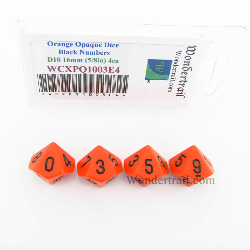 WCXPQ1003E4 Orange Opaque Dice Black Numbers D10 16mm Pack of 4 (ONLINE ORDER ONLY)