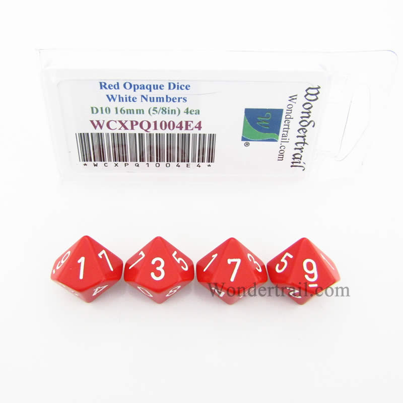 WCXPQ1004E4 Red Opaque Dice White Numbers D10 16mm Pack of 4 (ONLINE ORDER ONLY)