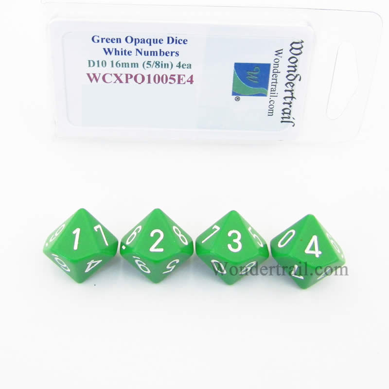 WCXPQ1005E4 Green Opaque Dice White Numbers D10 16mm Pack of 4 (ONLINE ORDER ONLY)