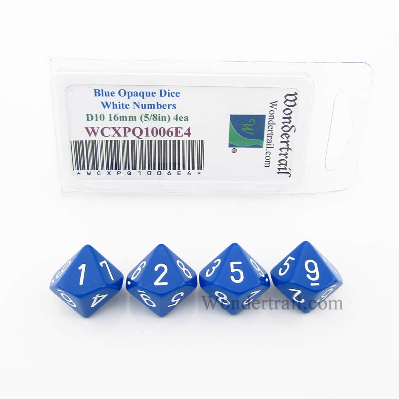 WCXPQ1006E4 Blue Opaque Dice White Numbers D10 16mm Pack of 4 (ONLINE ORDER ONLY)
