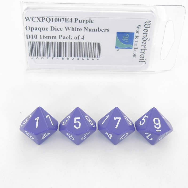 WCXPQ1007E4 Purple Opaque Dice White Numbers D10 16mm Pack of 4 (ONLINE ORDER ONLY)